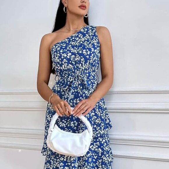 PRETTYGARDEN Women's Summer Floral Sundress Casual One Shoulder Tiered Ruffle SM - Picture 1 of 13